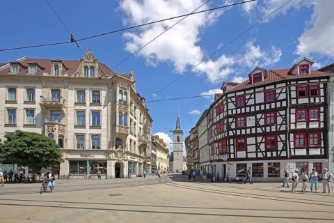 View of Marktstraße with All Saints' Church from the cathedral square, half-timbered house, people,