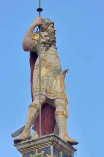 Roman sculpture, warrior with coat of arms, man, lance, knight, lansquenet, historical, Roman,