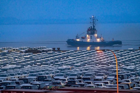 Parking space for import vehicles, hundreds of Hyundai Ioniq, electric cars, waiting for onward