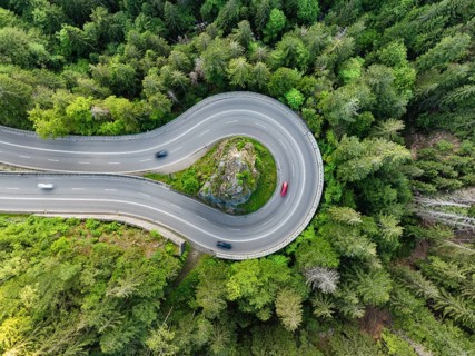 Aerial view, top down view from the federal road B31, Kreuzfelsenkurve in the southern Black
