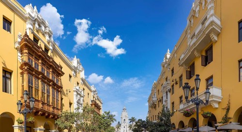 Lima, Peru, colonial streets around Central plaza Mayor or Plaza de Armas in historic city center,