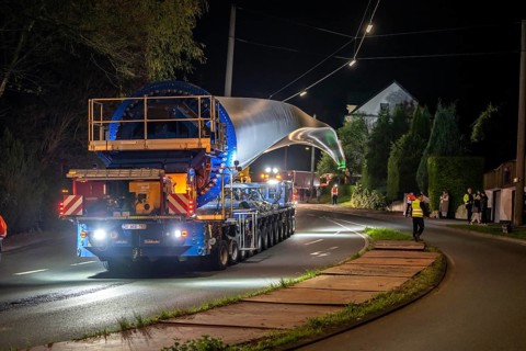 Transport of a 68 metre long, 22 tonne blade of a wind turbine, here in Schwelm, with a