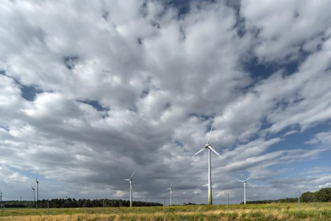 Wind turbines on the A 9 motorway, cloudy sky, Thuringia, Germany, Europe