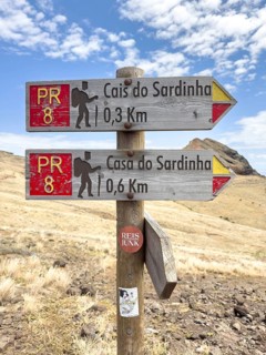 Signpost for the PR 8 hiking trail on the Vereda Ponta de São Lourenço, Caniçal, Madeira, Portugal,