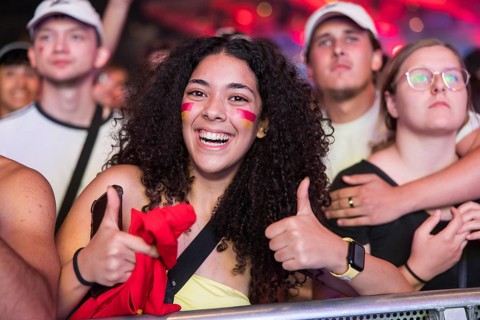 Fan of the Spanish team after scoring the 2:1 goal at the Adidas fan zone at the Bundestag during