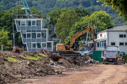 Demolition of the regatta grandstand at Lake Baldeney, in Essen, regatta tower remains standing,