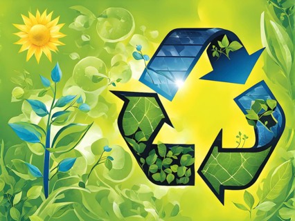 Recycling symbol morphing into growing plants and solar cells to symbolize the transformation of