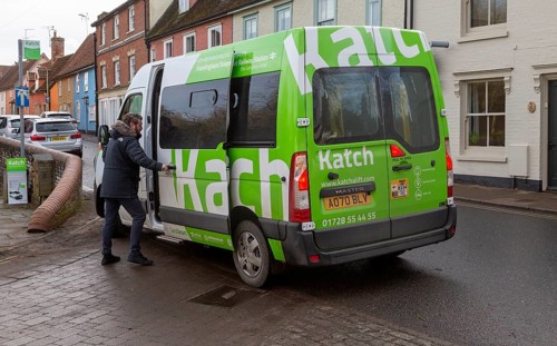 On-demand electric bus public transport service, Katch, Framlingham, Suffolk, England, UK