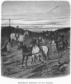 Returning field labourers with the inspector, Mecklenburg-Western Pomerania, Germany, after work,