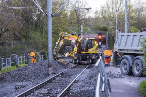 Construction work on the urban railway tracks, the SSB lines are interrupted, the tracks are being