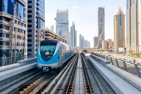 Dubai Metro public transport train at the Burj Khalifa Dubai Mall stop in Dubai, United Arab