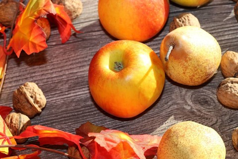 Apples, pears and walnuts on a rustic wooden table as an autumnal motif