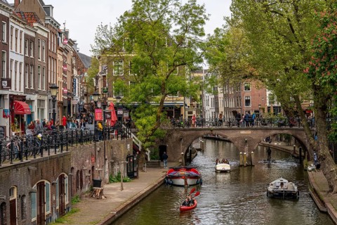 Utrecht, Netherlands, historic city centre, Oudegracht, canal, bridge, pedal boats