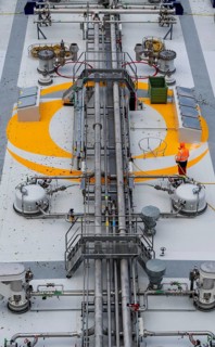 Gas tanker, Brinjal, transports butane gas to the petrochemical company INEOS in Cologne, ship's