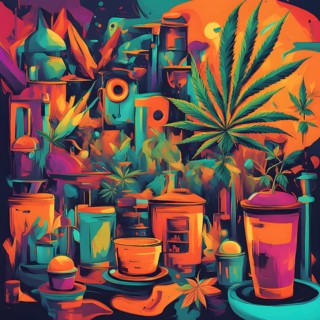 Abstract composition of a cannabis cafe with ambiance bold contrasting colors and playful shapes,