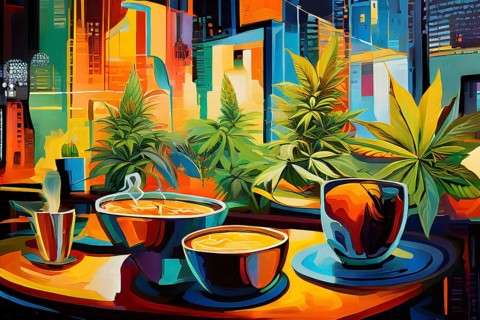 Abstract composition of a cannabis cafe with ambiance bold contrasting colors and playful shapes,
