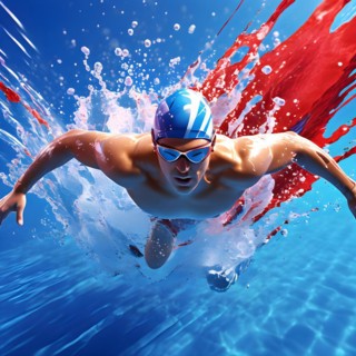 Abstract digital render of an olympic triathlete in swimming morphing into fluid shapes, AI