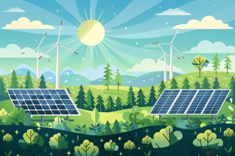 Renewable energy concept illustration with wind turbines and solar panels. KI generiert, generiert,