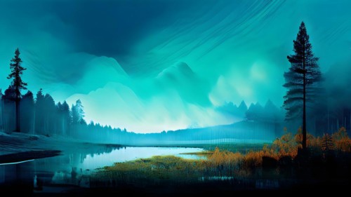AI generated painting of a surreal landscape with digital brush strokes intertwining with