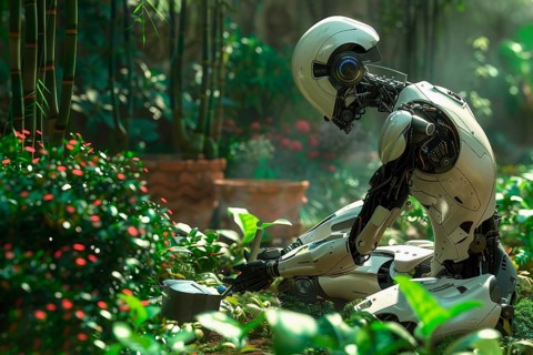 Humanoid robot gardening on knees, AI generated