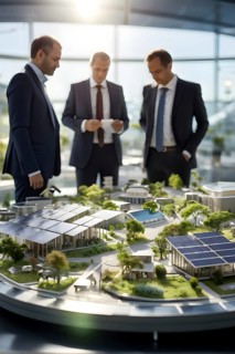 Business professionals engaged with a scale model of a modern solar park adjacent to miniature