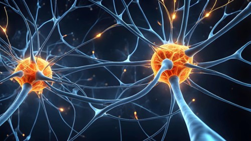 Visualization of neurons firing neurotransmitters in the synaptic gap, AI generated