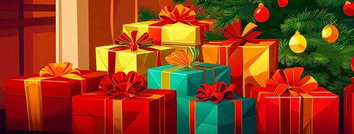 Abstract illustration of wrapped Christmas gifts, shiny ribbons and bows, stacked under a evergreen