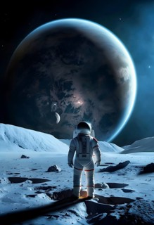 An astronaut stands on a lunar-like surface gazing at an immense planet rising, AI generated