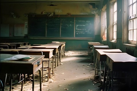 Abandoned school classroom desks in rows faded chalkboard evoking silent echoes of past lessons, AI