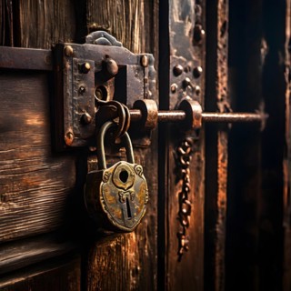 Detail of an old rusted lock on a wooden door, AI generated