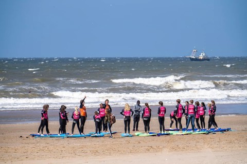 Course for surfers, surfing beginners, on the beach of Scheveningen, Netherlands