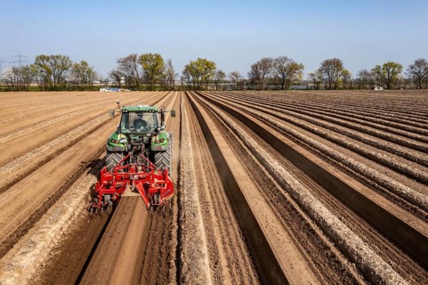 A farmer builds asparagus ridges on a field with the help of an asparagus tiller, in which the