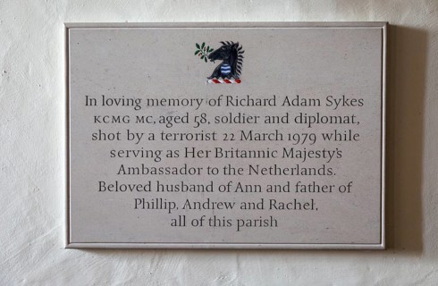 Memorial to Richard Adam Sykes in village parish church of Saint Michael, Wilsford cum Lake,