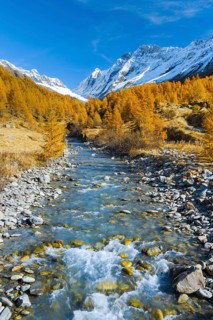 River Lonza with Aletschhorn and Schinhorn, Lötschenlücke, Valais, Switzerland, Europe