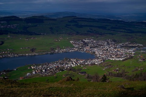 View from Seebodenalp to Küssnacht am Rigi SZ, Lake Lucerne, Canton Schwyz, Switzerland, Europe