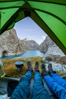 Wild camping, camping in the wilderness with a tent, Kol Suu mountain lake, Sary Beles Mountains,