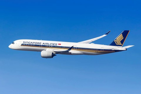 A Singapore Airlines Airbus A350-900 aircraft with the registration 9V-SME at the airport in