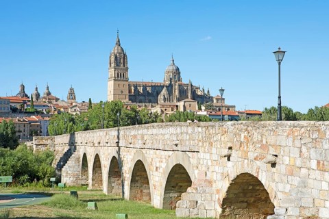 Puente Romano or Romanesque bridge, behind the cathedral of Salamanca, province of Salamanca,