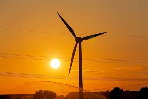 Sunset, wind power plant, field irrigation, silhouettes, Melbeck, Samtgemeinde Ilmenau, Lower