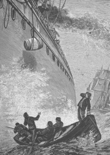 A large sea steamer gives provisions to a distressed sailing ship in the middle of the ocean,