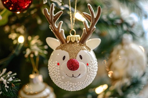 Cute Christmas tree bauble with reindeer face on tree. Generarive Ai, AI generated