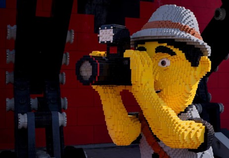Photographer with camera built from Lego bricks, Lego photographer, life-size, Germany, logo,
