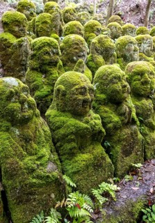 Moss-covered stone statues of rakans, the disciples of Buddha, Otagi Nenbutsu-ji temple, Kyoto,