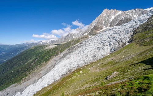 Mountain landscape with glacier Glacier des Bossons and summit of the Aiguille du Midi, Chamonix,