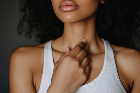 Close up of woman holding reaching for thorat with hand. Generative AI, AI generated