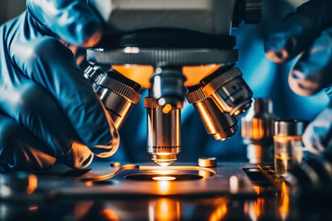 Close up of microscope in science laboratory. Generative Ai, AI generated