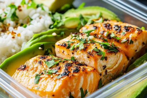 Meal prep with healthy grilled salmon fish, avocado and rice. Generative Ai, AI generated