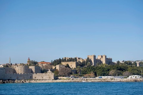 Town view of Rhodes town with town wall and Grand Master's Palace, Rhodes, Dodecanese archipelago,
