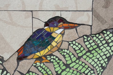 Wall mosaic with ore fisherman by Isidora Paz López 2019, one, kingfisher, bird figure, handicraft,