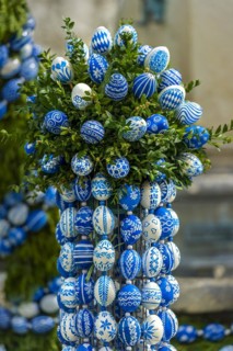 Hand-painted Easter eggs in Bavarian colours white and blue, Easter fountain, Ludwigsbrunnen,